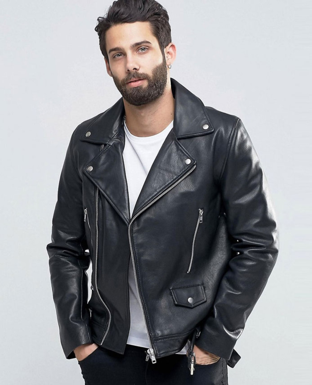 Leather Biker Jacket With Belt in Black