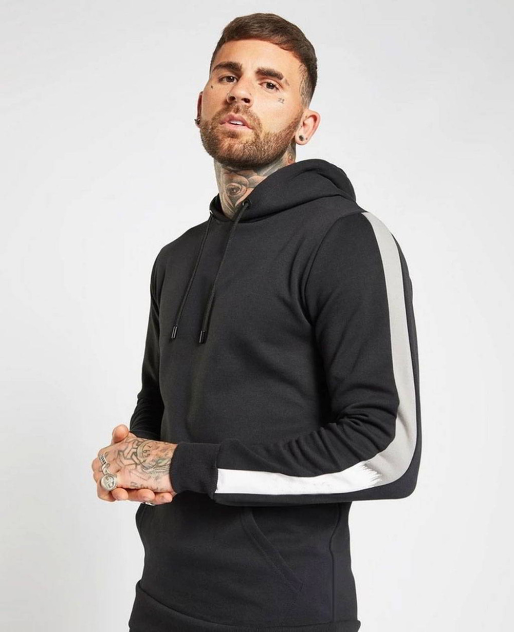 Men Hoodie Tracksuit Black With White Stripes