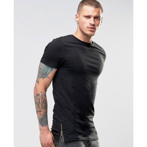 Longline Muscle T-Shirt With Side Zips In Black