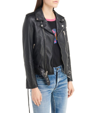 Leather Moto Jacket with Removable Genuine Shearling Collar
