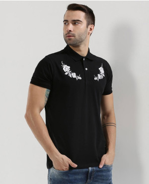 Men Black Rose Embroidery Polo Shirt