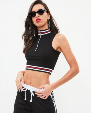 New Stylish Black Sleeveless Sports Stripe Crop Top