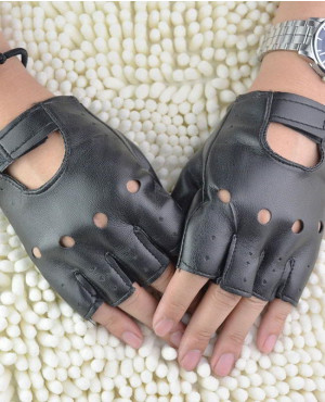 Pair Black PU Leather Fingerless Gloves