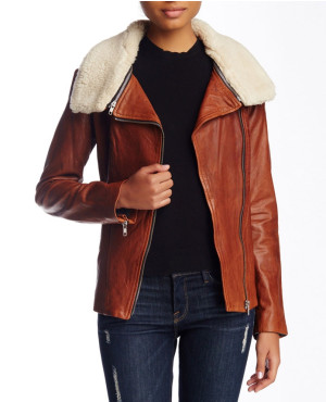 Removable Faux Shearling Collar Leather Moto Jacket