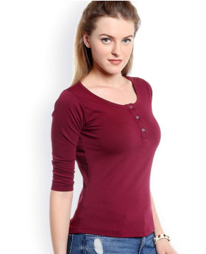 Women Burgundy Buttoned Neck T Shirt