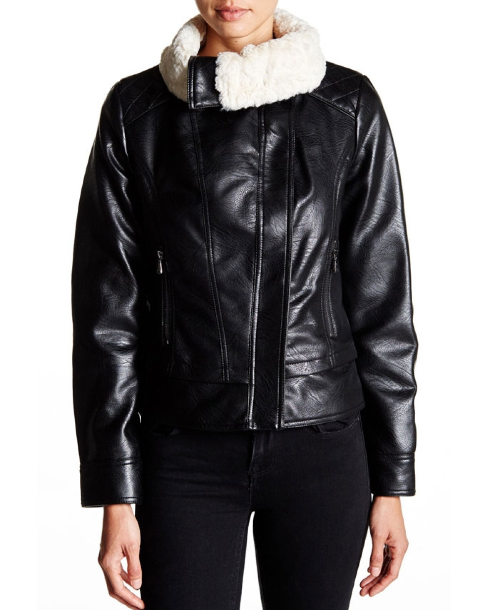 Faux Shearling Collar Faux Leather Moto Jackets