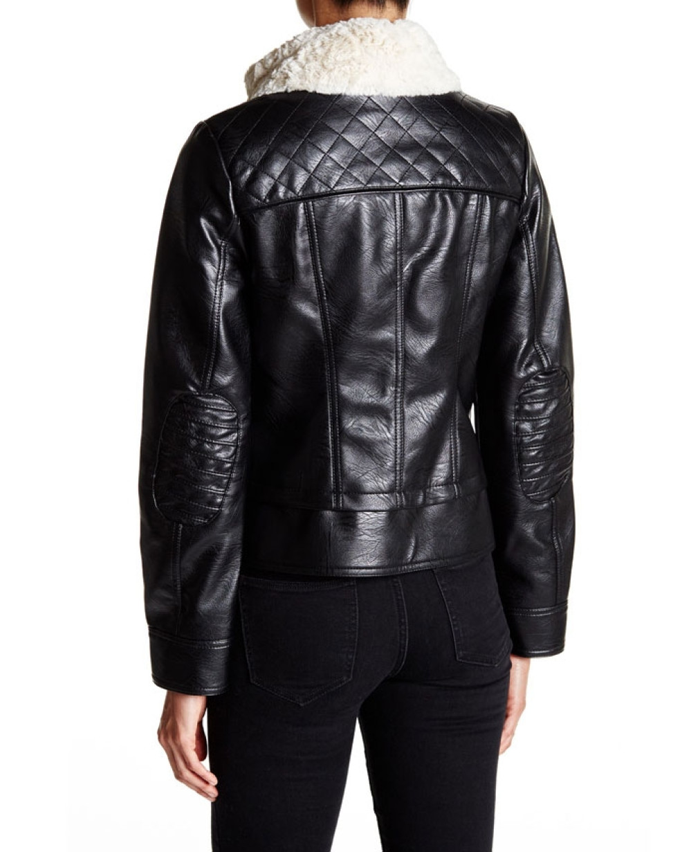 Faux Shearling Collar Faux Leather Moto Jackets