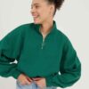 High-Neck Half-Zip Cropped Pullover with Kangaroo Pocket