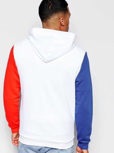 Thick American style cotton hoodie in black with practical kangaroo pocket and durable ribbed cuffs