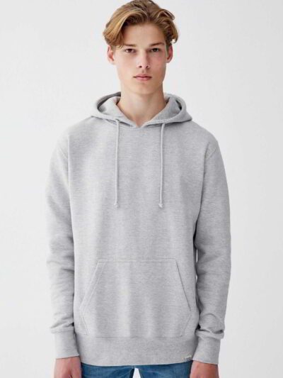 Soft grey pocket hoodie with cozy fleece interior and reinforced stitching
