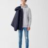 Soft heather grey pocket hoodie with ribbed cuffs and double-stitched seams