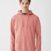 Soft maroon pouch hoodie made from lightweight fleece with contrast stitching and front pocket