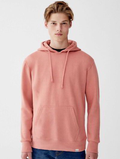 Soft maroon pouch hoodie made from lightweight fleece with contrast stitching and front pocket
