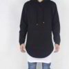 Long black hoodie with side zipper detail. Heavyweight fabric, visible stitching. Biker streetwear style, blank for customiza
