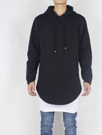Long black hoodie with side zipper detail. Heavyweight fabric, visible stitching. Biker streetwear style, blank for customiza
