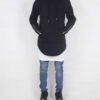 Long black hoodie with side zipper detail. Heavyweight fabric, visible stitching. Biker streetwear style, blank for customiza