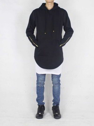 Long black hoodie with side zipper detail. Heavyweight fabric, visible stitching. Biker streetwear style, blank for customiza