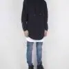 Long black hoodie with side zipper detail. Heavyweight fabric, visible stitching. Biker streetwear style, blank for customiza