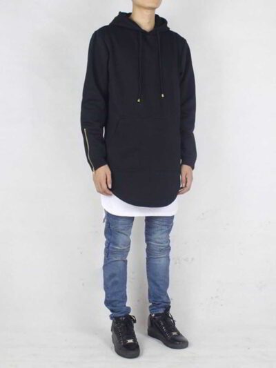 Long black hoodie with side zipper detail. Heavyweight fabric, visible stitching. Biker streetwear style, blank for customiza