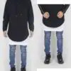 Long black hoodie with side zipper detail. Heavyweight fabric, visible stitching. Biker streetwear style, blank for customiza