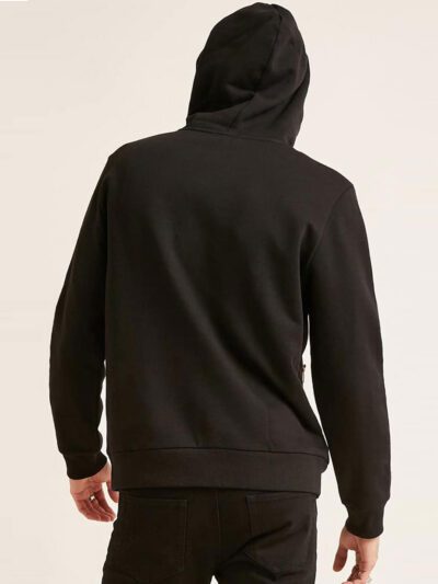 Durable black hoodie with gold zipper pocket, ribbed details, and thick cotton fabric