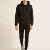 Soft black hoodie with gold zipper pocket, ribbed cuffs, and kangaroo front pouch