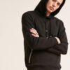 Soft black hoodie with gold zipper pocket, ribbed cuffs, and kangaroo front pocket