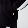Black and white hoodie with side stripes, made of premium cotton blend, featuring ribbed cuffs and front kangaroo pocket