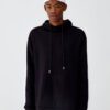 Black and white hoodie with side stripes in heavyweight cotton blend, ribbed cuffs, and kangaroo pocket