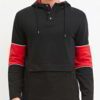 Black and red cotton hoodie with tablet pocket, stylish design, and ribbed cuffs