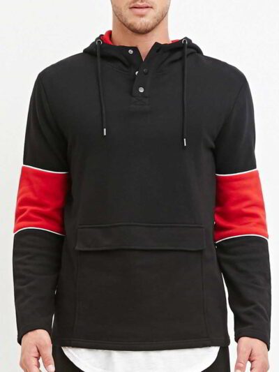 Black and red cotton hoodie with tablet pocket, stylish design, and ribbed cuffs