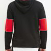 Black and red hoodie with tablet pocket, stylish design, and intricate stitching details