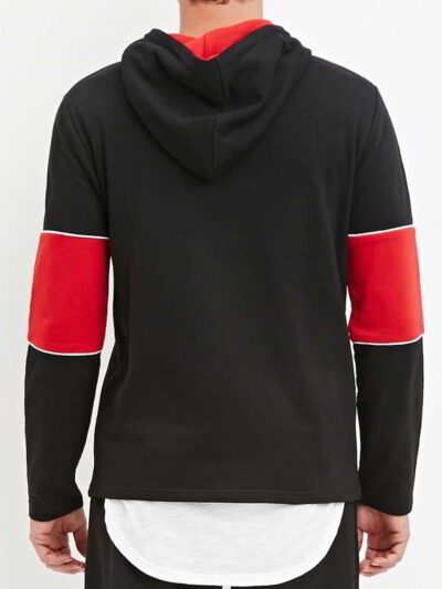 Black and red hoodie with tablet pocket, stylish design, and intricate stitching details