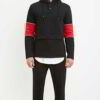 Black and red hoodie with tablet pocket, stylish design, and detailed stitching in cotton blend fabric