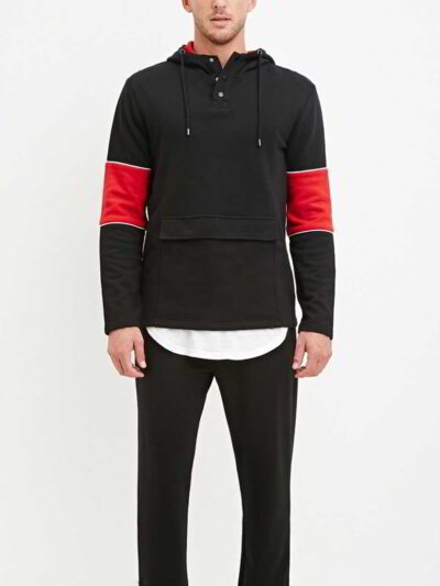 Black and red hoodie with tablet pocket, stylish design, and detailed stitching in cotton blend fabric