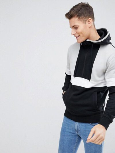 Premium half-zip black retro hoodie with textured cotton fabric and detailed stitching