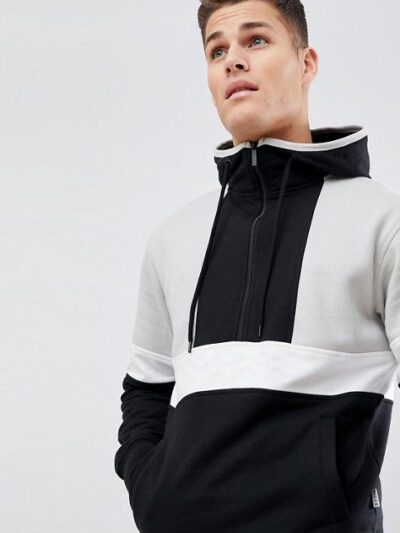 Thick black cotton hoodie with half zipper, retro design, and unique stitching details