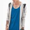 Stylish navy blue hoodie with silver zippered pockets and intricate arm stitching details