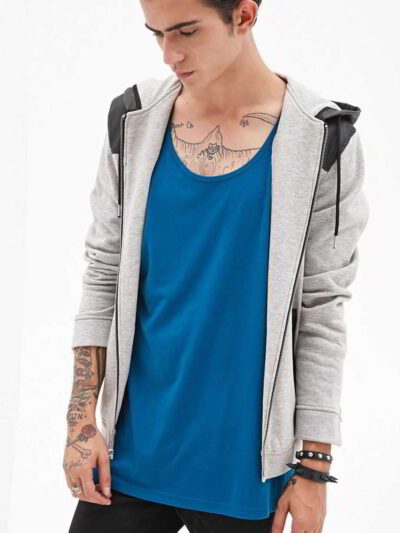 Stylish navy blue hoodie with silver zippered pockets and intricate arm stitching details