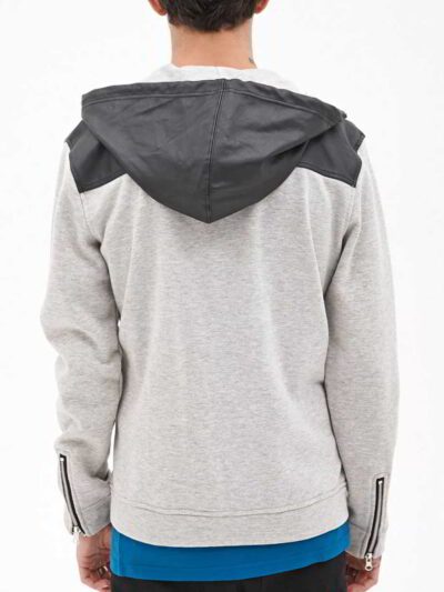 Stylish black hoodie with zipper accents on arms and intricate stitching details