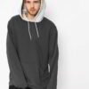 Bold contrast hood pullover hoodie in charcoal gray with ribbed detailing and front kangaroo pocket