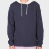 Two-tone pullover hoodie in contrasting colors with front pocket and ribbed hem, ideal for casual chic style