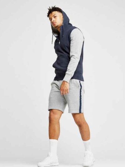 Navy blue embroidered hoodie with intricate stitch patterns and cozy fleece interior