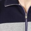 Close-up of a bespoke tracksuit. Fine stitching on navy fabric, showcasing a subtle sheen and comfortable, relaxed fit. Ideal