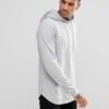 Slate grey, longline hoodie with a distinctive curved hem, exhibiting a soft, fine-textured fabric and well-crafted stitching