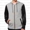 Grey hoodie with PU leather sleeves, custom-made design with unique stitching details