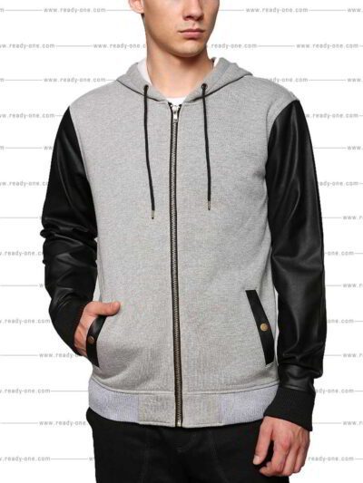 Grey hoodie with PU leather sleeves, custom-made design with unique stitching details