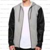 Custom-made grey hoodie with PU leather sleeves, showcasing modern design and unique fabric combination