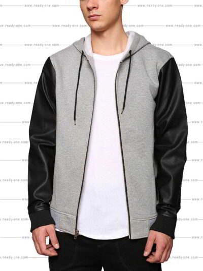 Custom-made grey hoodie with PU leather sleeves, showcasing modern design and unique fabric combination