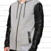 Grey hoodie with PU leather sleeves, custom-made with exceptional stitching details and contemporary design